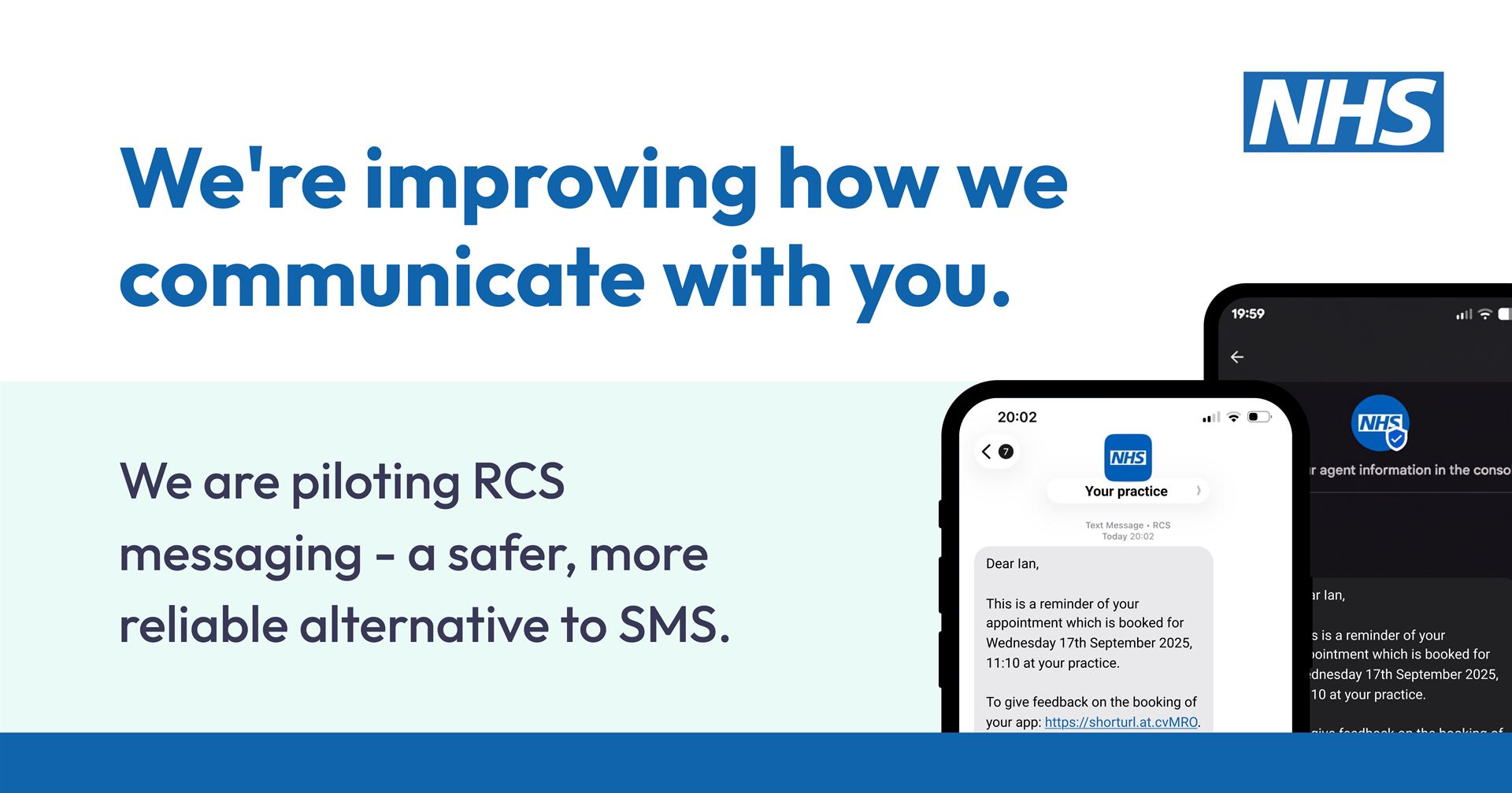 Banner with text - We're improving how we communicate with you. We are piloting RCS messaging - a safer, more reliable alternative to SMS.